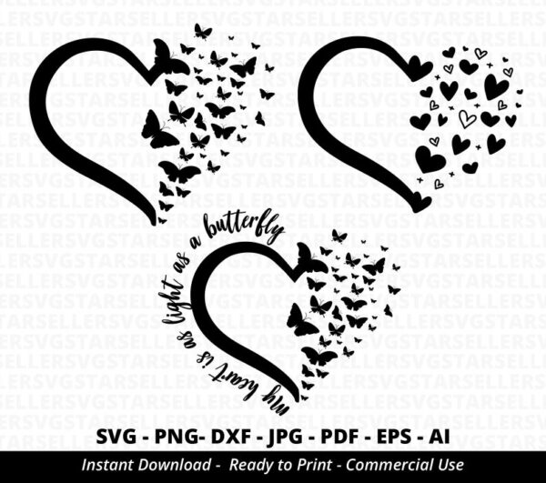 20392 3 Pack Heart SVG Butterfly Heart svg Butterfly svg Heart svg Heart Bundle svg Butterfly Bundle svg My Heart is as Light as Butterfly Cricut